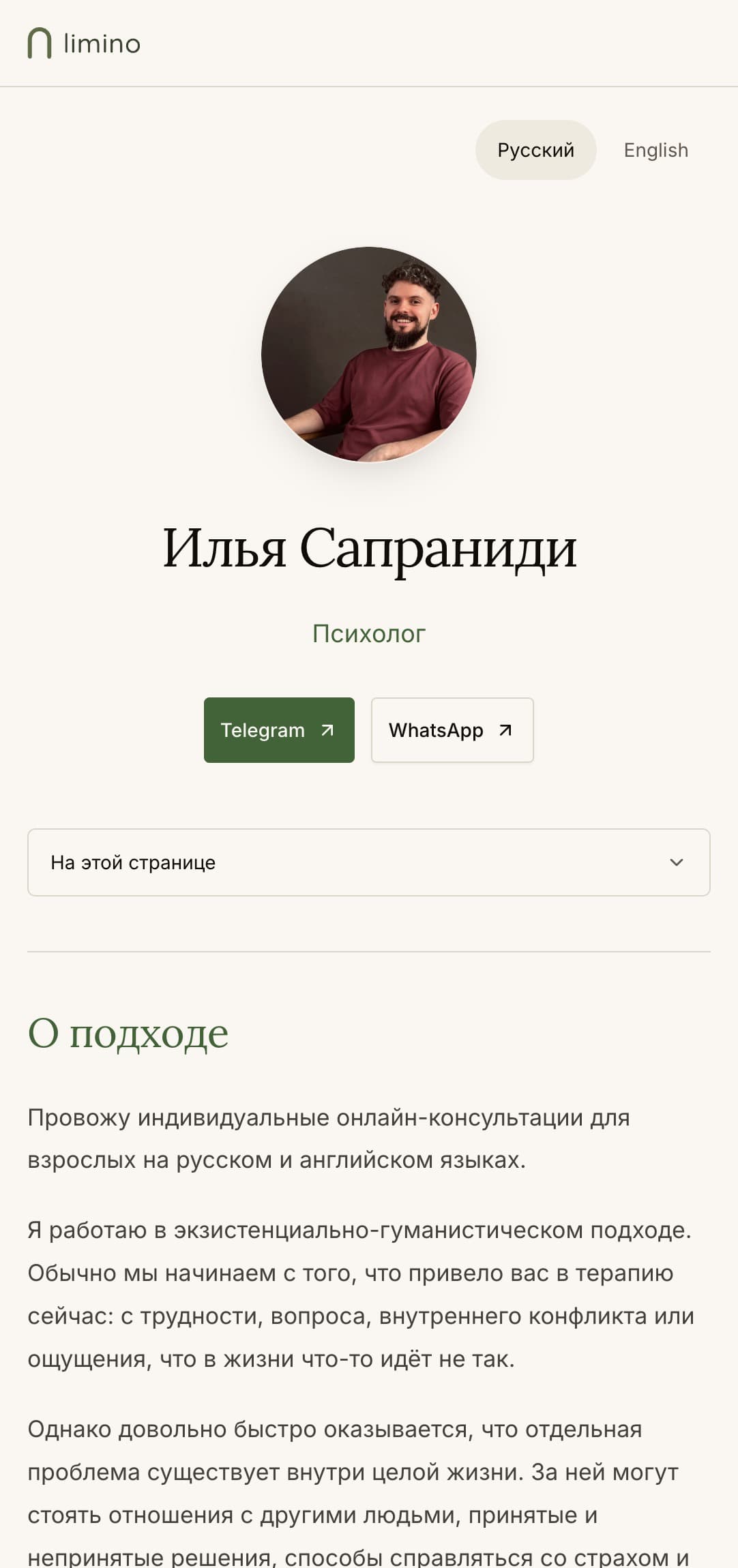 Страница Ильи Сапраниди: фотография, описание работы и кнопки для связи