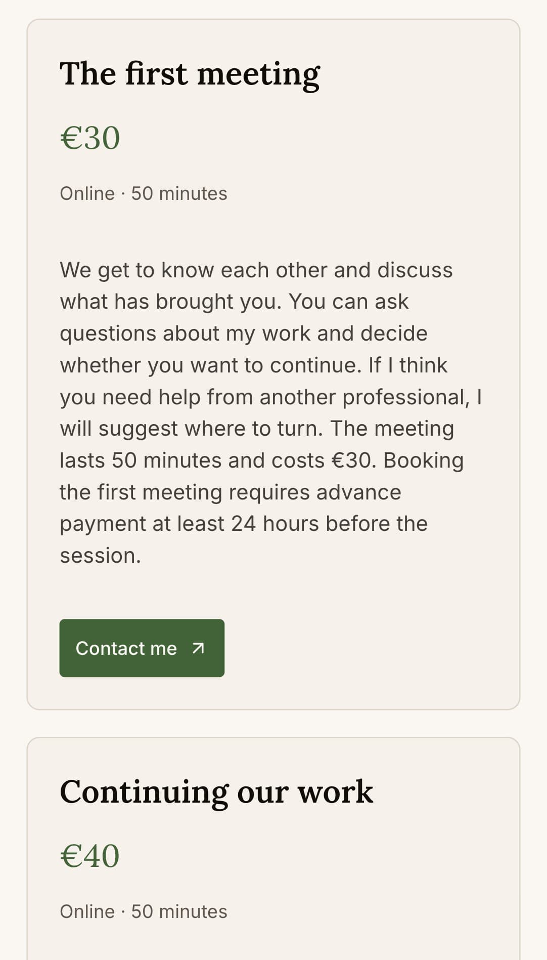 Consultation prices on an example Limino page: first meeting €30, continuing work €40
