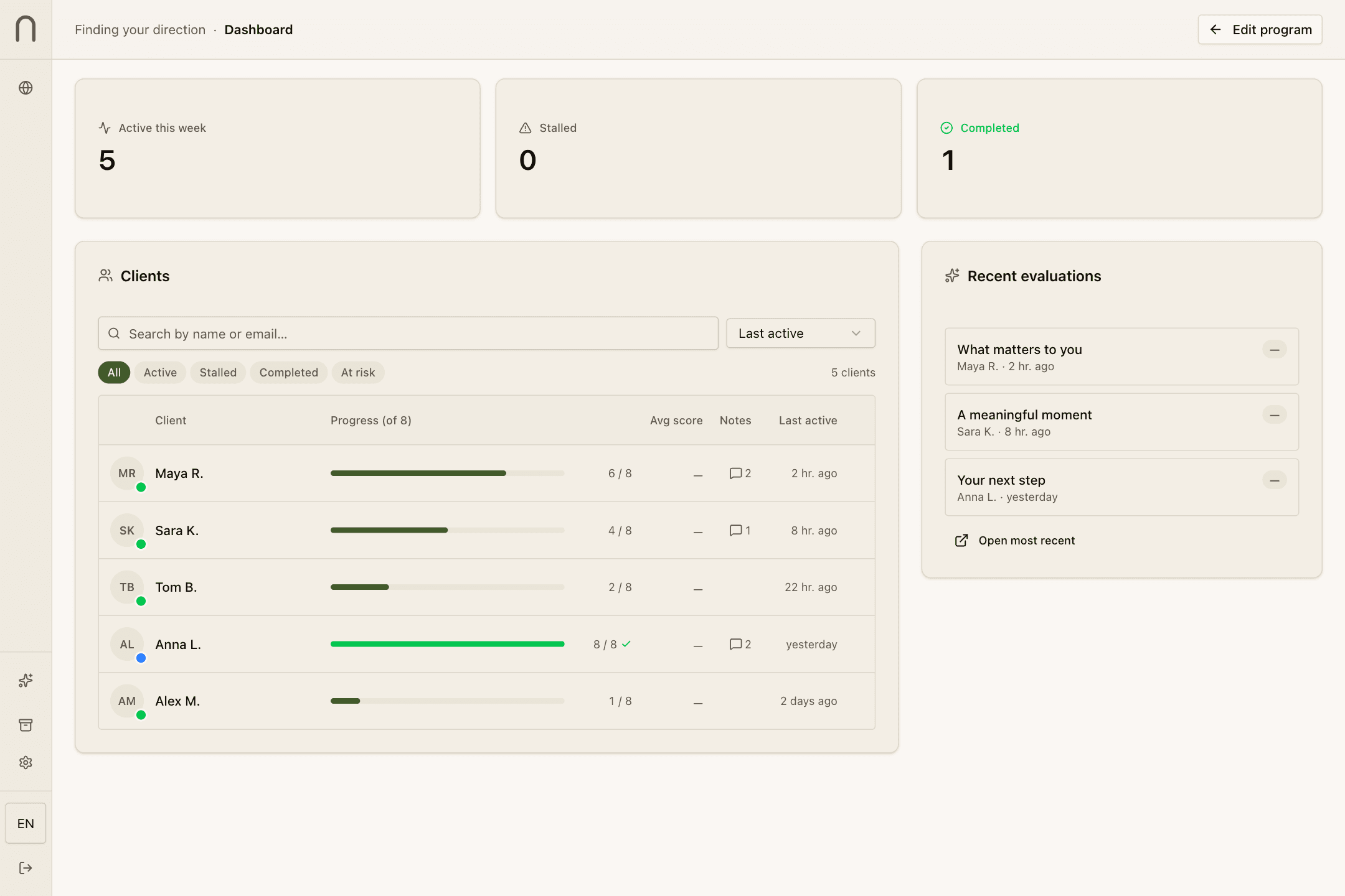 The Limino dashboard showing sample clients, completed program steps, notes, and recent program feedback