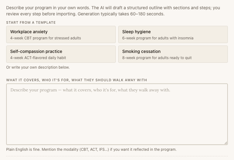 AI program generation form with a written description and editable draft instructions