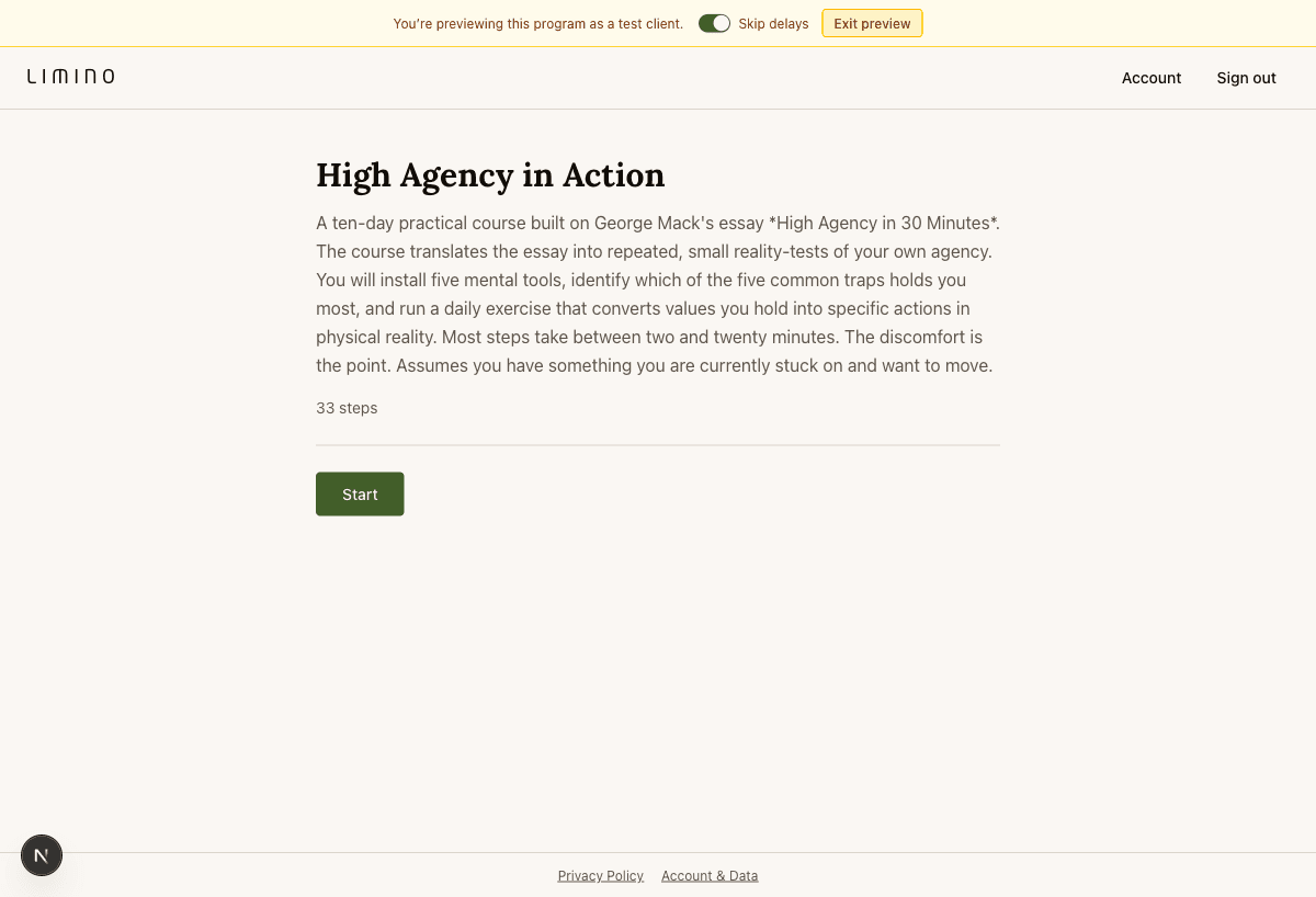 Client portal showing the overview of a guided program